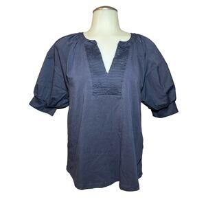 Chico’s Boho Smocked Puff Sleeve Tee Blue V Neck Shirt Size 0 US Small